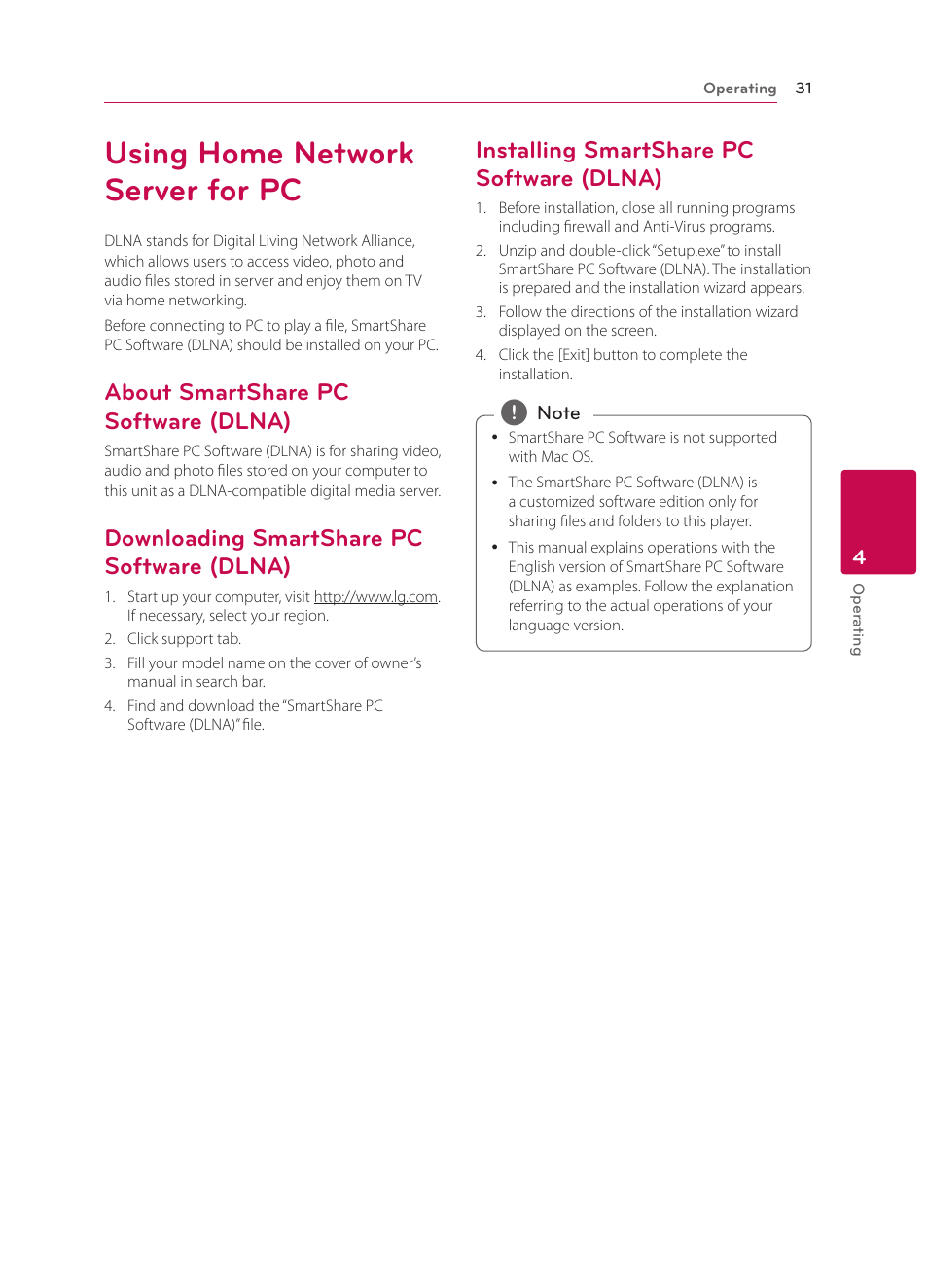 Using home network server for pc, About smartshare pc software (dlna), Downloading smartshare pc software (dlna) | Installing smartshare pc software (dlna), 31 – about smartshare pc software, Dlna), 31 – downloading smartshare pc, Software (dlna), 31 – installing smartshare pc software | LG BP340 User Manual | Page 31 / 62
