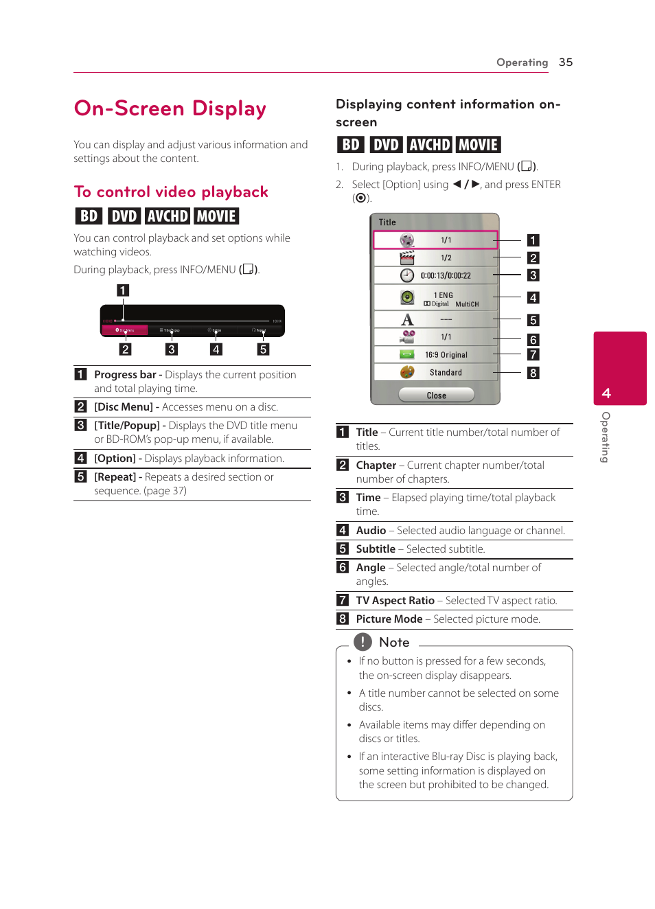 On-screen display, To control video playback, Eroy | LG BP340 User Manual | Page 35 / 62