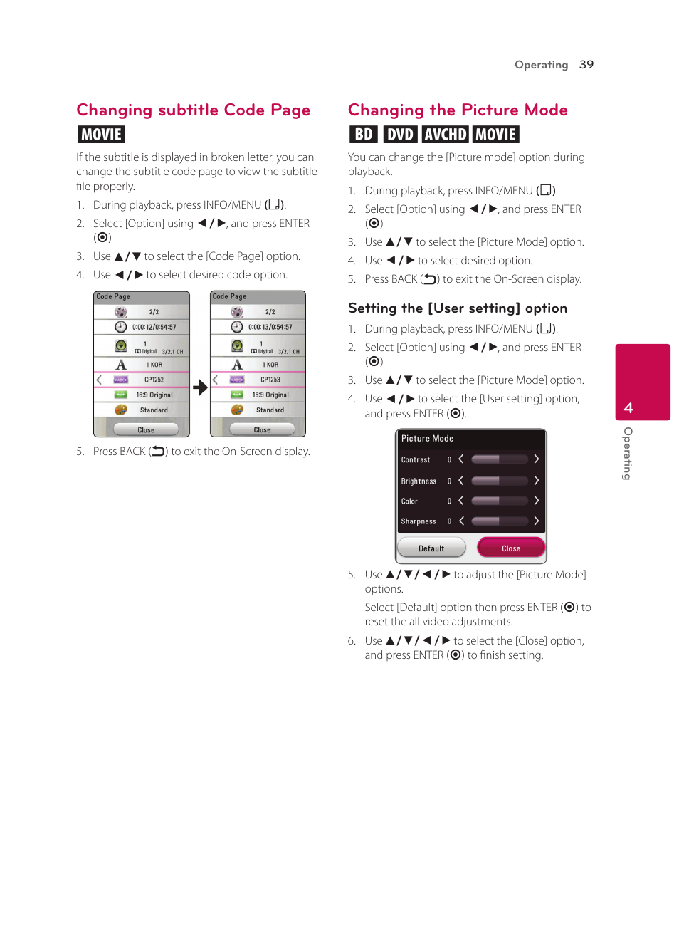 Changing the picture mode, Changing subtitle code page y, Changing the picture mode eroy | LG BP340 User Manual | Page 39 / 62