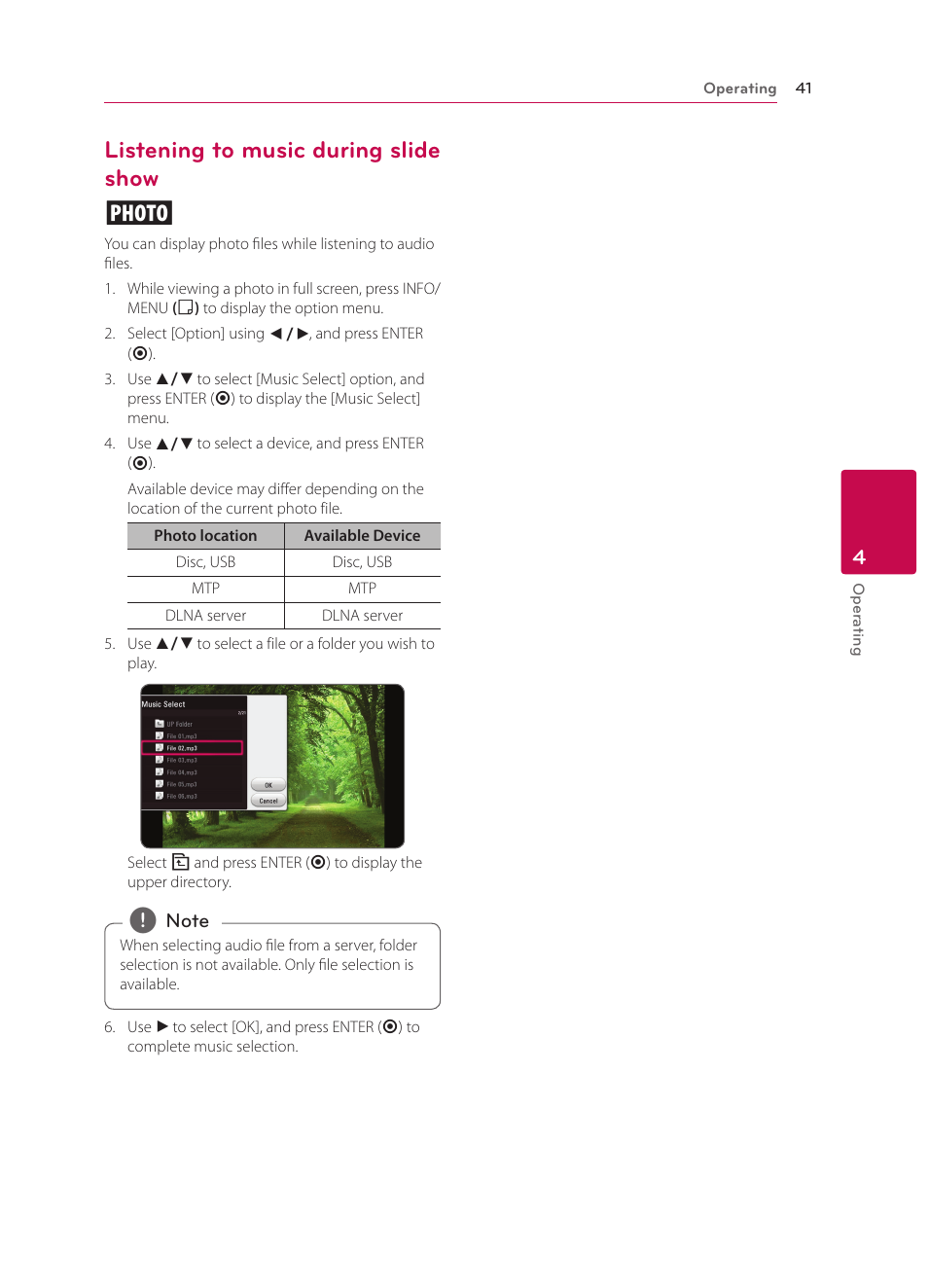 Listening to music during slide show, 41 – listening to music during slide show, Listening to music during slide show i | LG BP340 User Manual | Page 41 / 62