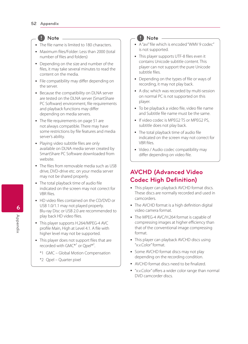 Avchd (advanced video codec high definition), 52 – avchd (advanced video codec high, Definition) | LG BP340 User Manual | Page 52 / 62