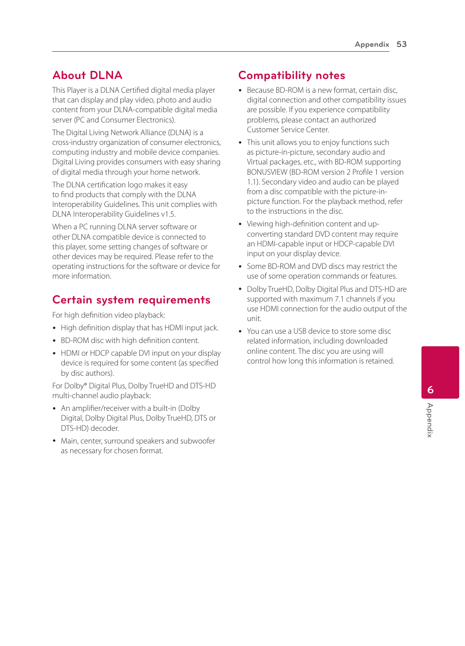About dlna, Certain system requirements, Compatibility notes | LG BP340 User Manual | Page 53 / 62