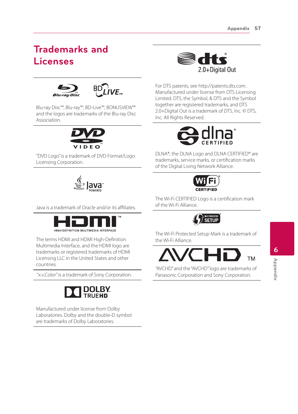 Trademarks and licenses, 57 trademarks and licenses | LG BP340 User Manual | Page 57 / 62