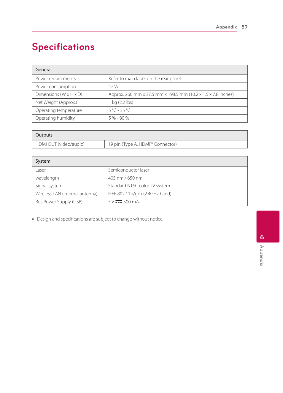 Specifications, 59 specifications | LG BP340 User Manual | Page 59 / 62