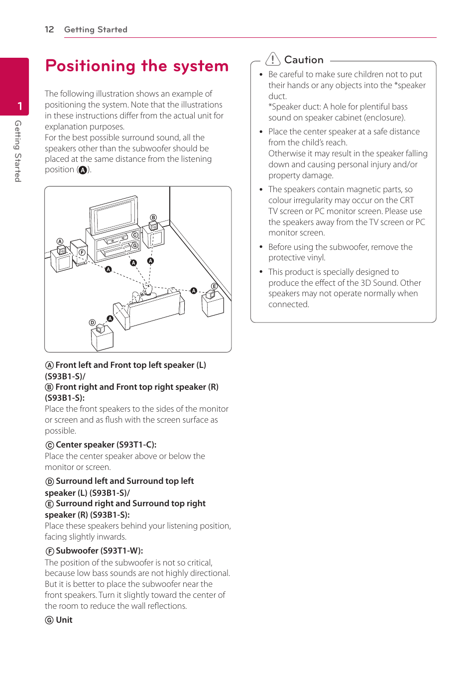 Positioning the system, Caution | LG BH9230BW User Manual | Page 12 / 84