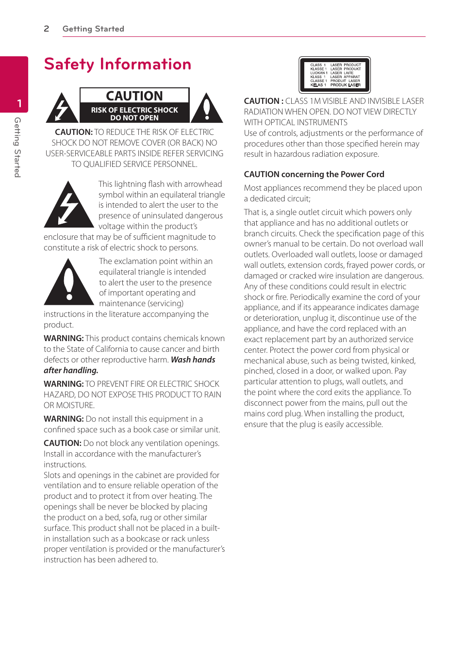 1 getting started, Safety information, Caution | LG BH9230BW User Manual | Page 2 / 84