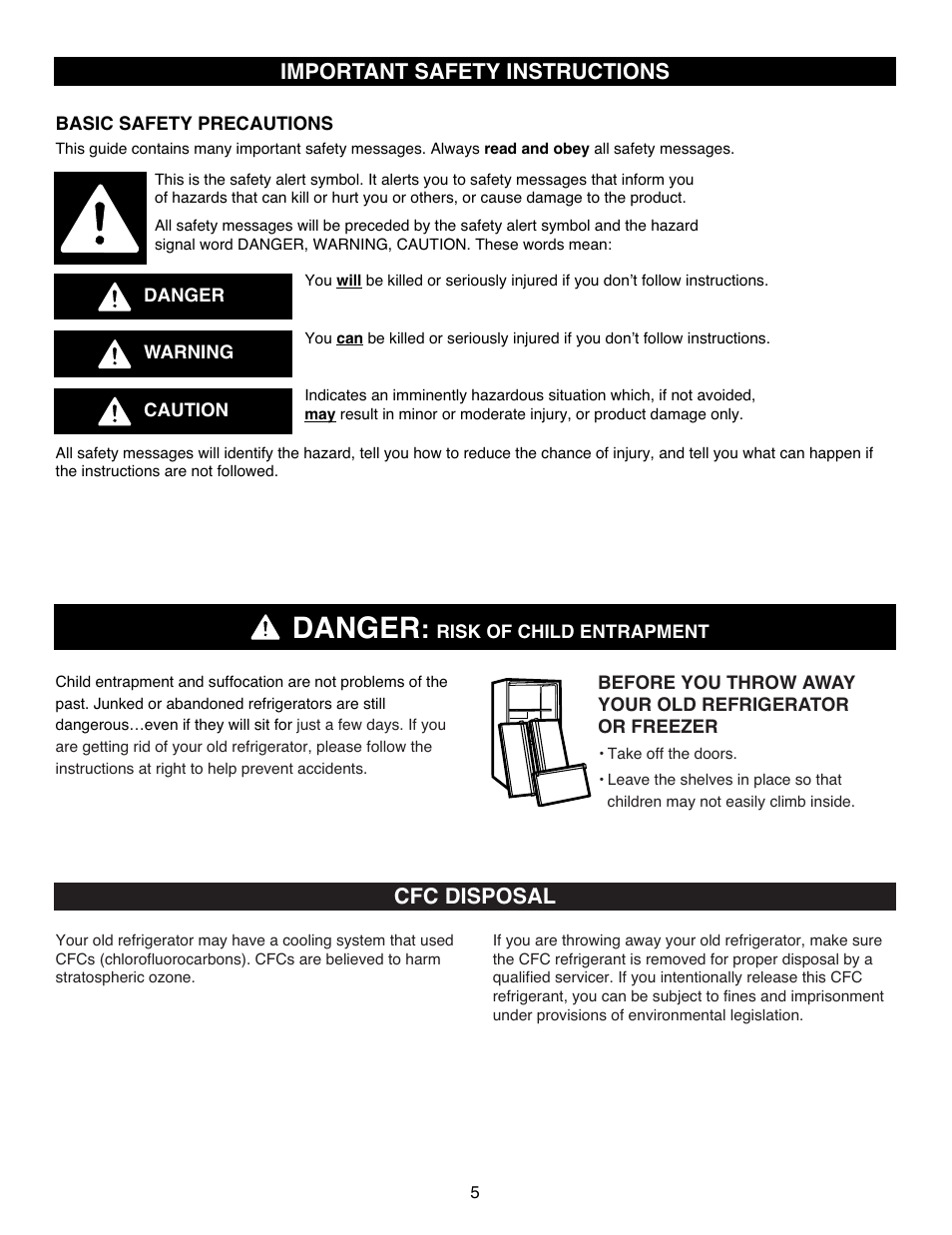Danger, Important safety instructions, Cfc disposal | LG LFC25770ST User Manual | Page 5 / 37