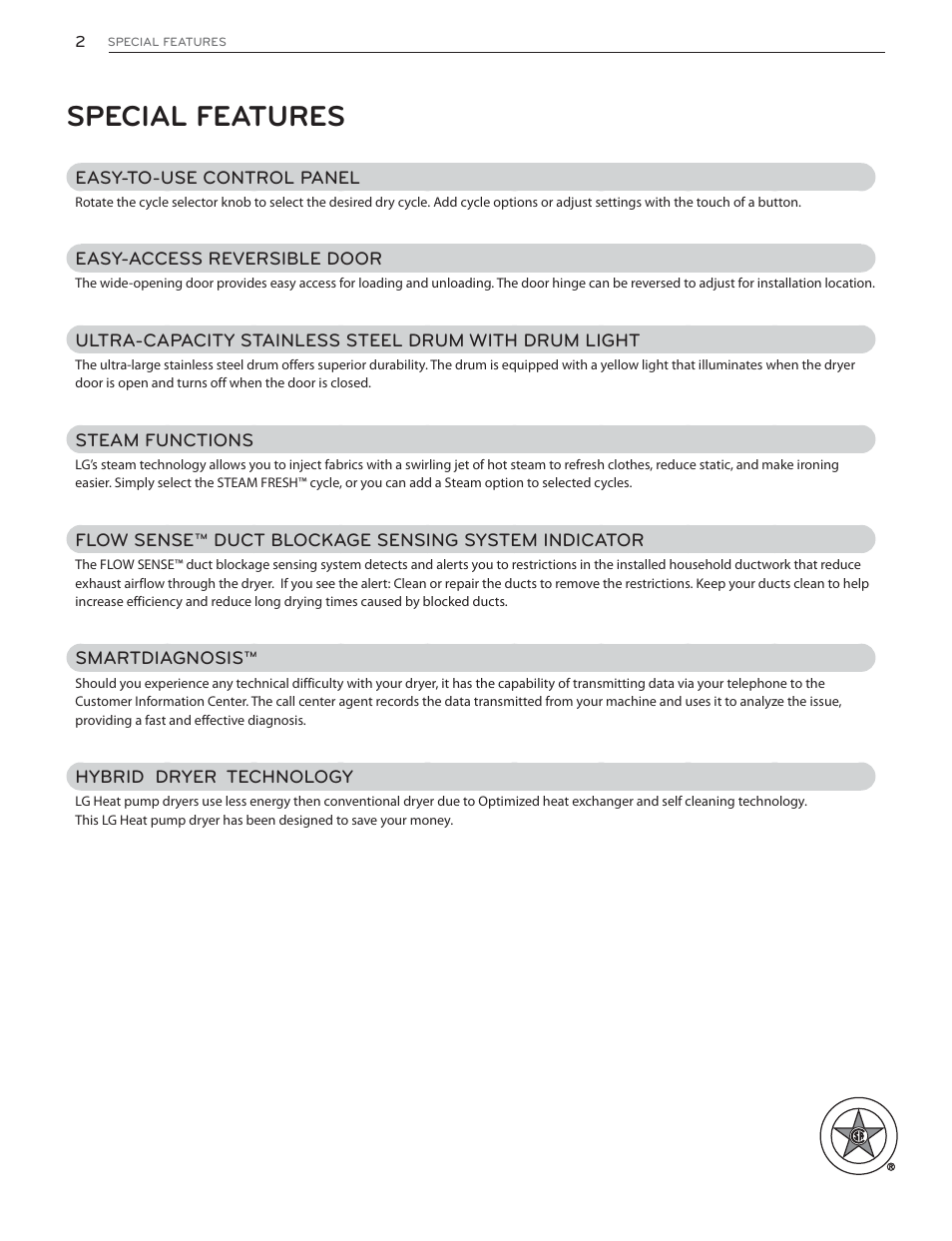 Special features, Easy-to-use control panel, Easy-access reversible door | Steam functions, Flow sense™ duct blockage sensing system indicator, Smartdiagnosis, Hybrid dryer technology | LG DLHX4072V User Manual | Page 2 / 100