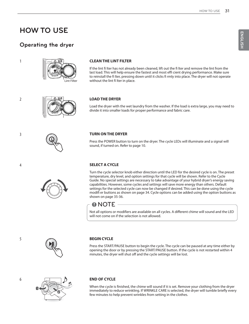 How to use, Operating the dryer | LG DLHX4072V User Manual | Page 31 / 100