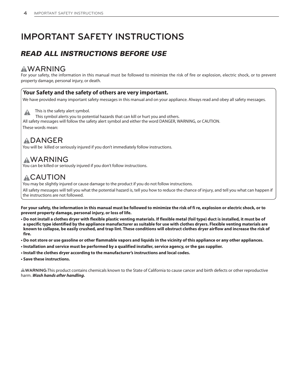 Important safety instructions, Warning, Danger | Caution | LG DLHX4072V User Manual | Page 4 / 100