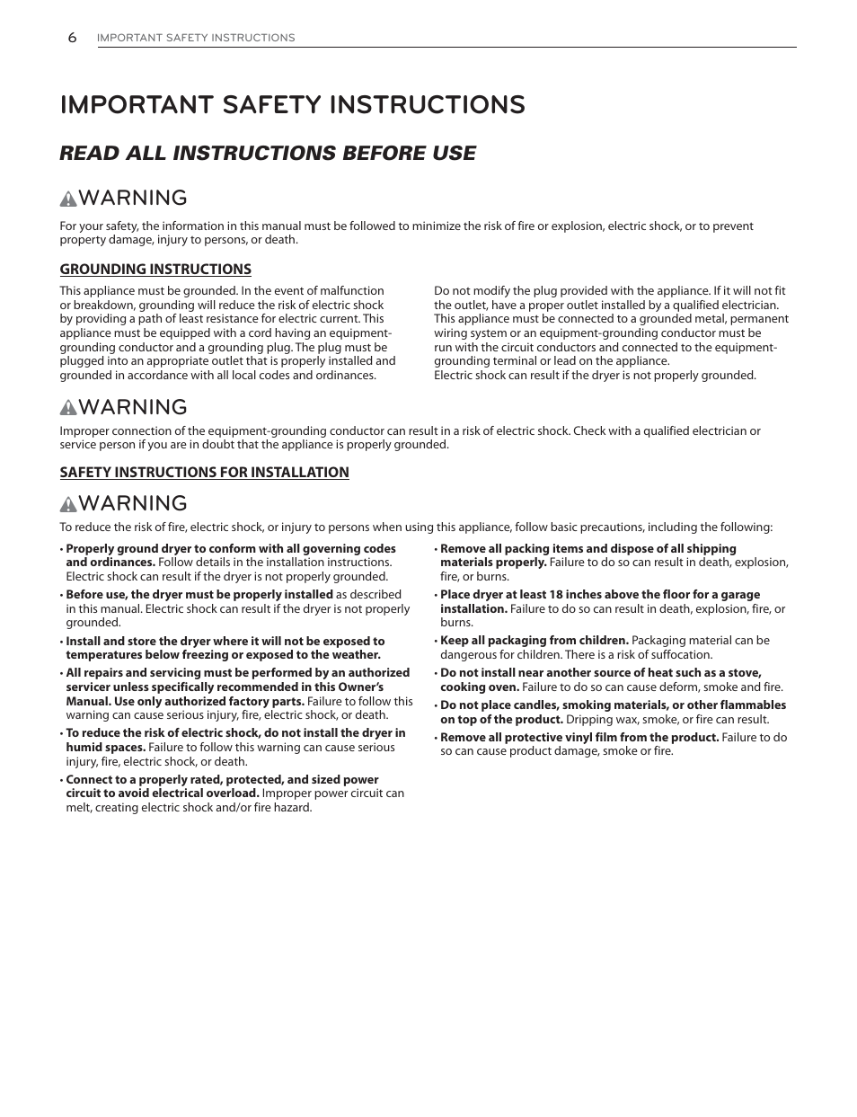 Important safety instructions, Warning, Read all instructions before use | LG DLHX4072V User Manual | Page 6 / 100