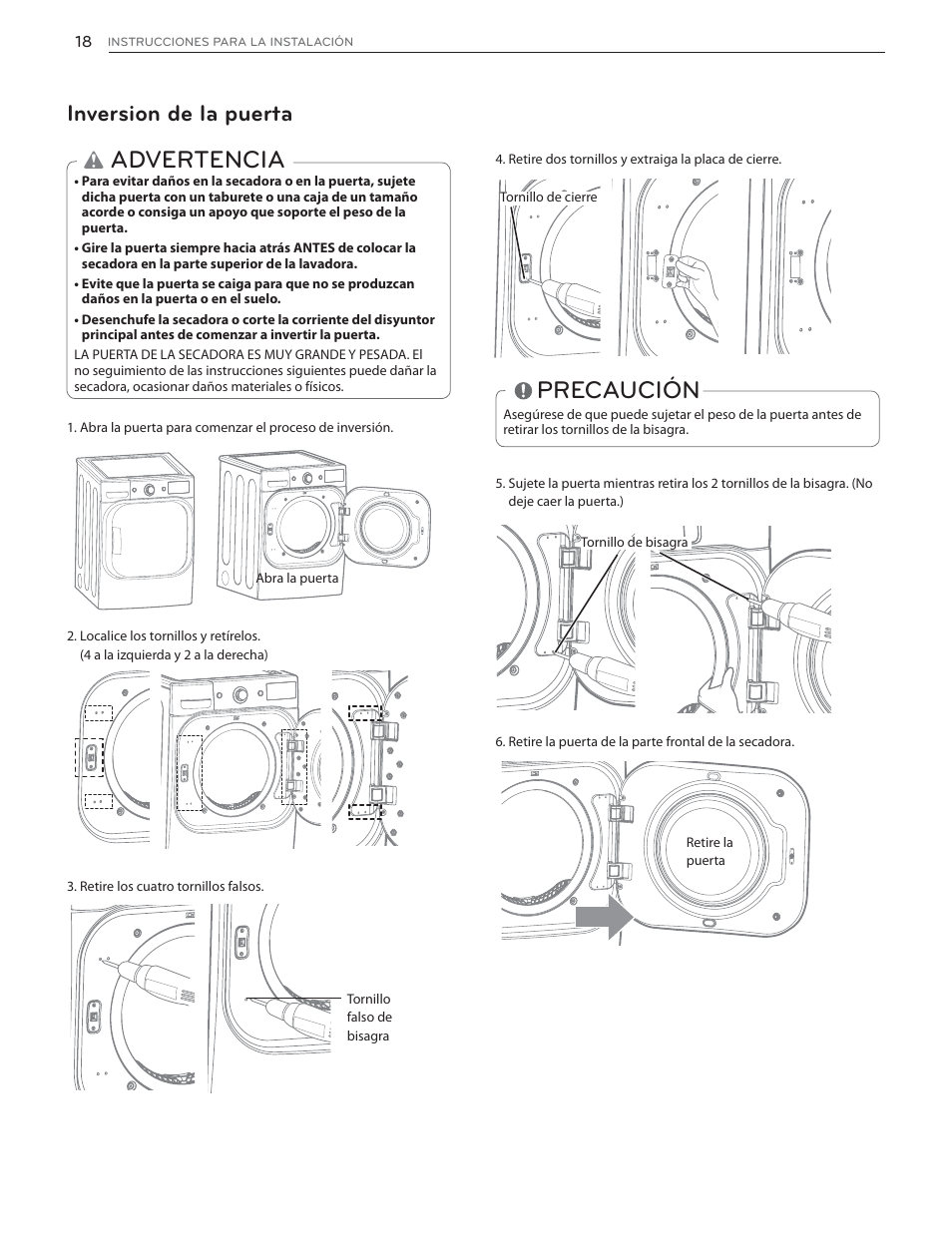 Advertencia, Precaución, Inversion de la puerta | LG DLHX4072V User Manual | Page 66 / 100