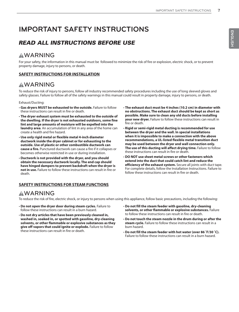 Important safety instructions, Warning, Read all instructions before use | LG DLHX4072V User Manual | Page 7 / 100