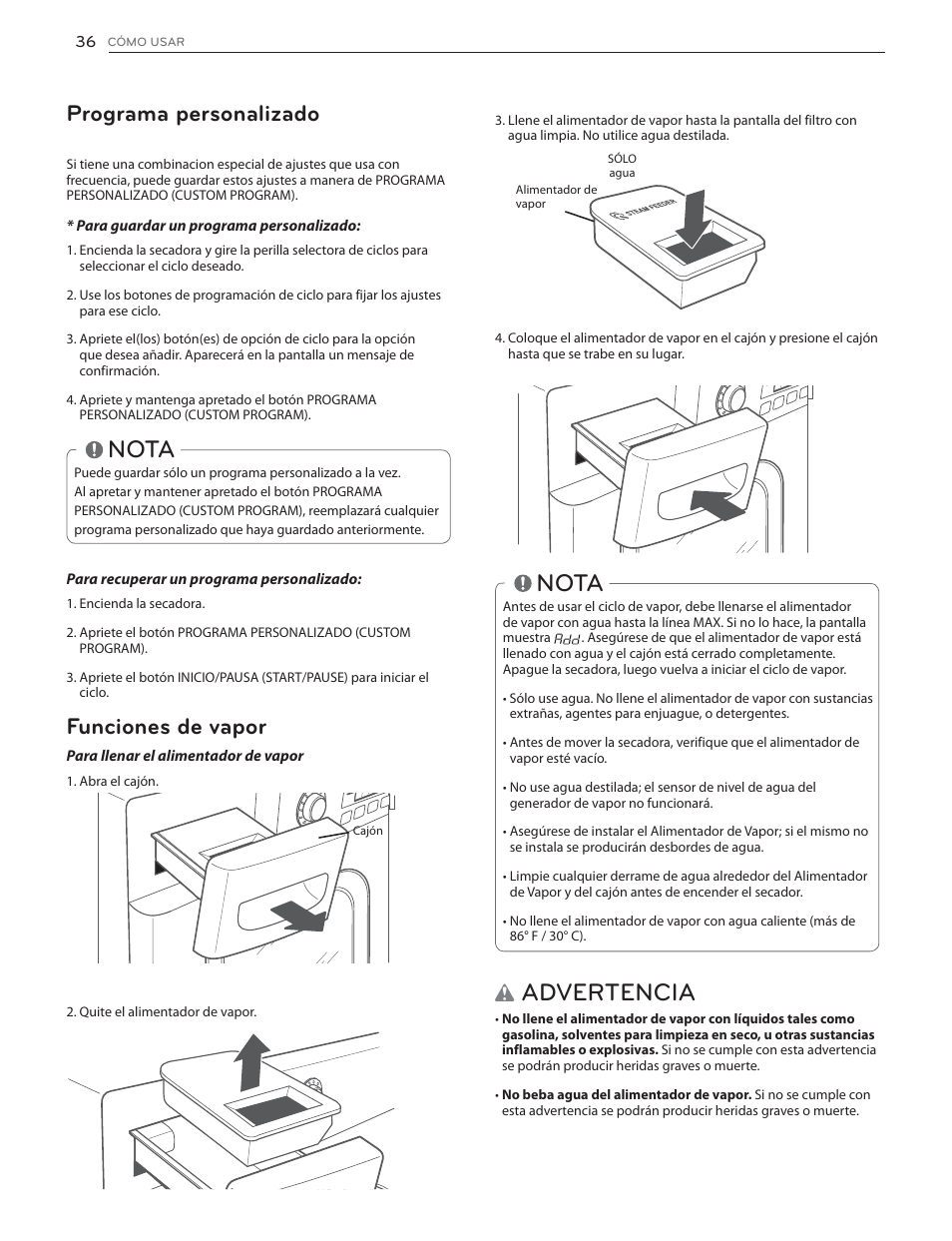 Advertencia, Nota, Funciones de vapor | Programa personalizado | LG DLHX4072V User Manual | Page 84 / 100