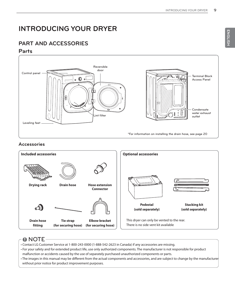 Introducing your dryer, Part and accessories parts, Accessories | LG DLHX4072V User Manual | Page 9 / 100