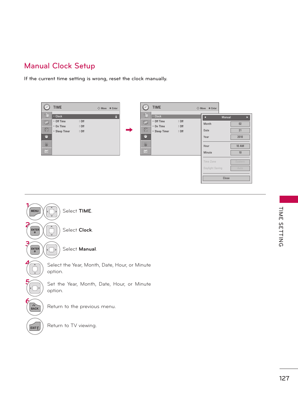 Manual clock setup, Tim e s et tin g | LG 32LE5300 User Manual | Page 127 / 172