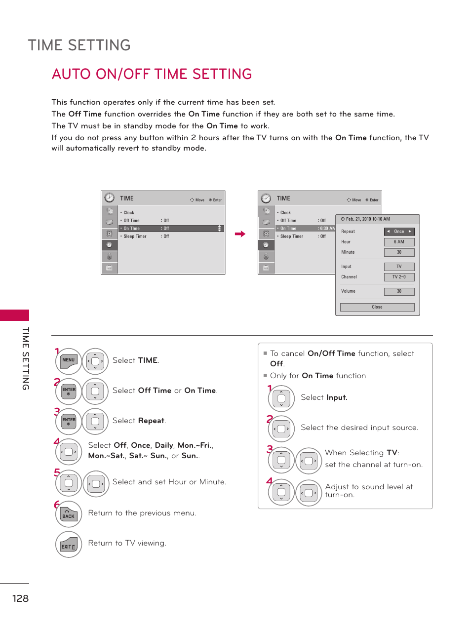 Auto on/off time setting, Time setting, Tim e s et tin g | LG 32LE5300 User Manual | Page 128 / 172