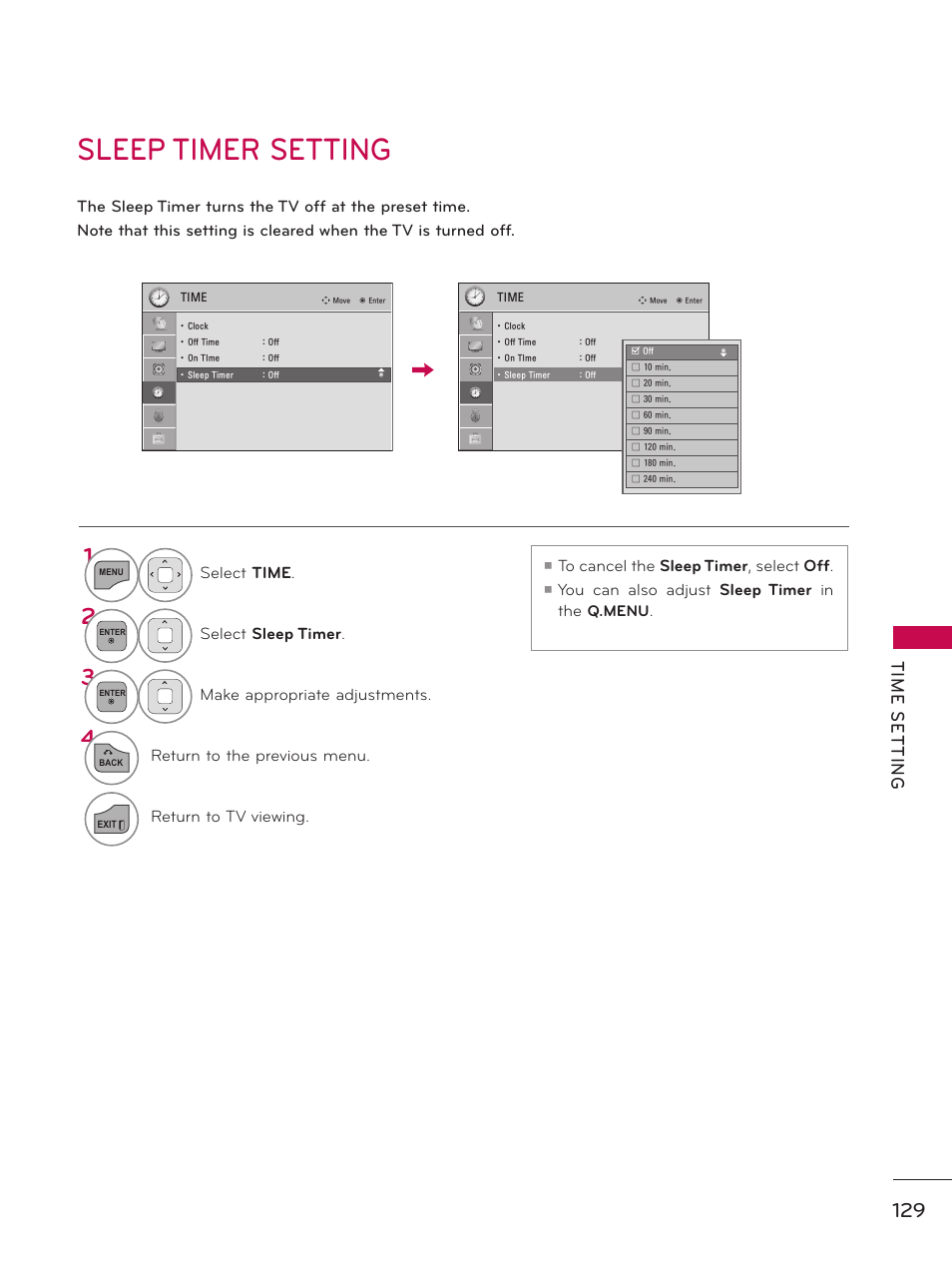 Sleep timer setting, Tim e s et tin g | LG 32LE5300 User Manual | Page 129 / 172