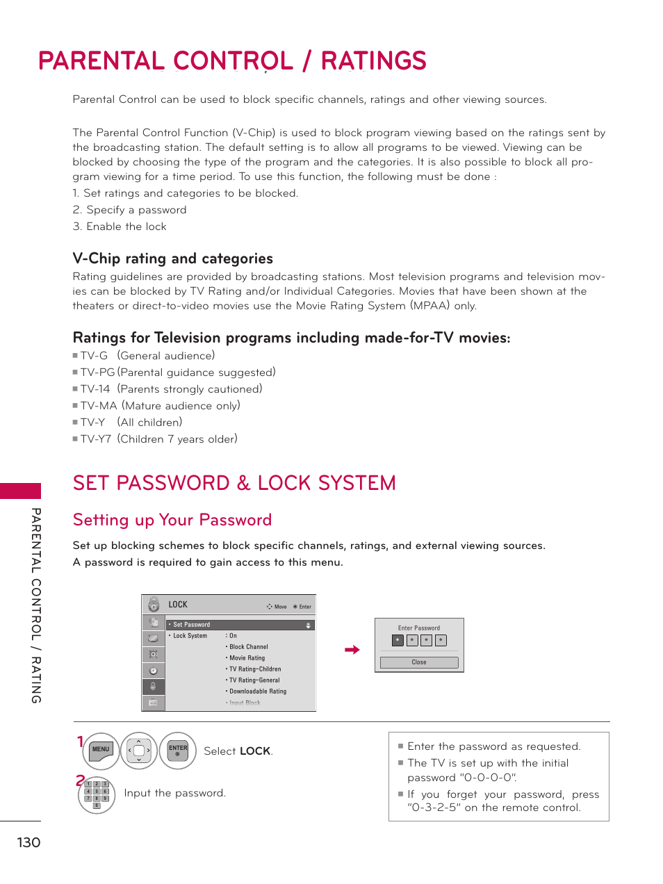 Parental control / ratings, Set password & lock system, Setting up your password | V-chip rating and categories | LG 32LE5300 User Manual | Page 130 / 172