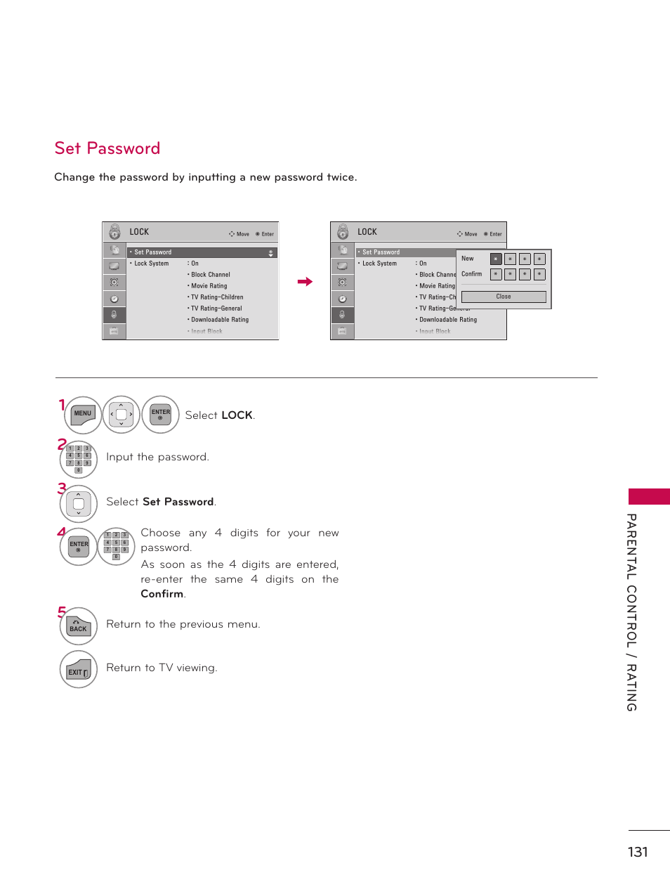 Set password | LG 32LE5300 User Manual | Page 131 / 172