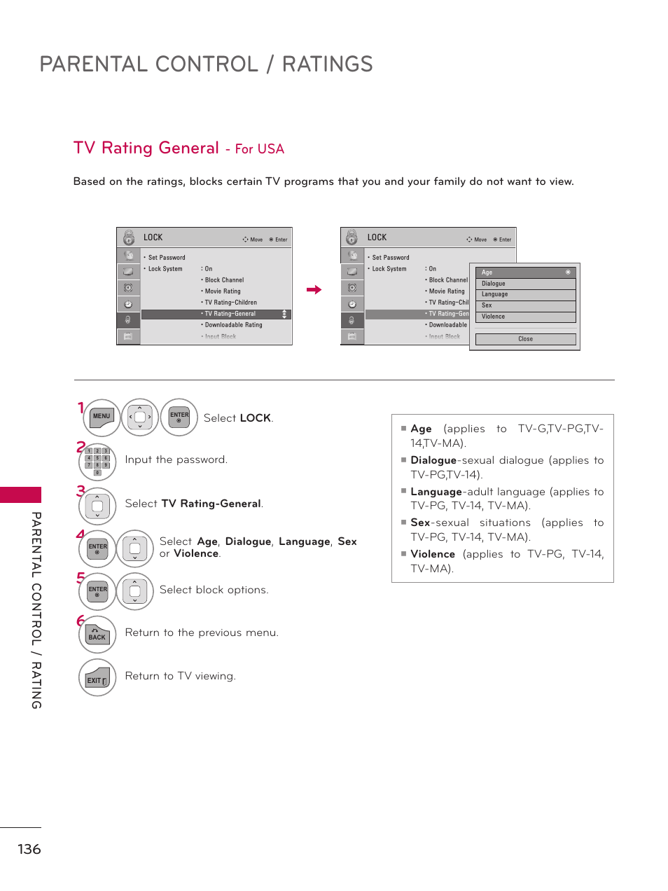 Parental control / ratings, Tv rating general, For usa | LG 32LE5300 User Manual | Page 136 / 172