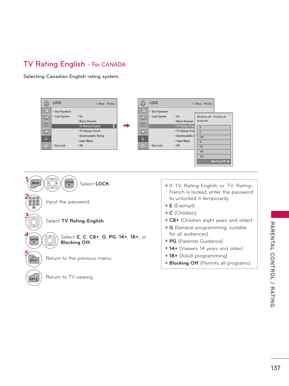 Tv rating english, For canada | LG 32LE5300 User Manual | Page 137 / 172