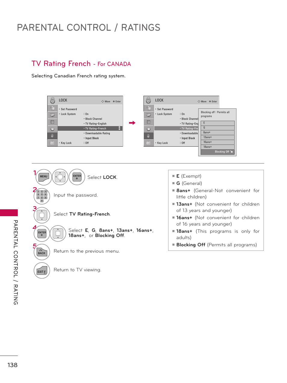 Parental control / ratings, Tv rating french, For canada | LG 32LE5300 User Manual | Page 138 / 172