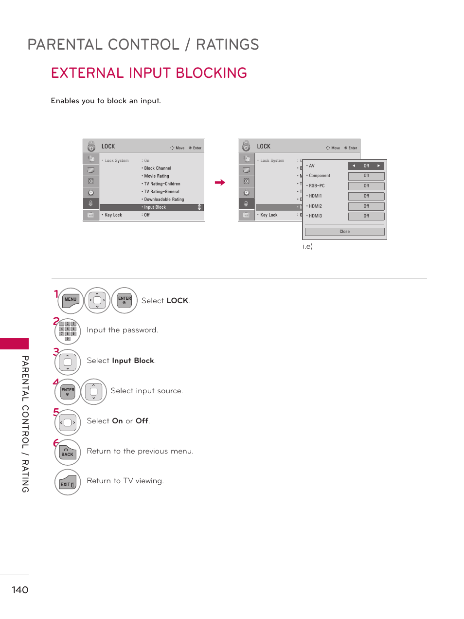 External input blocking, Parental control / ratings | LG 32LE5300 User Manual | Page 140 / 172