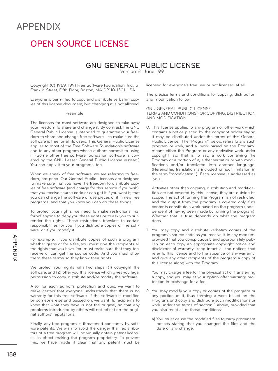 Open source license, Appendix, Gnu general public license | Ap p en d ix | LG 32LE5300 User Manual | Page 158 / 172