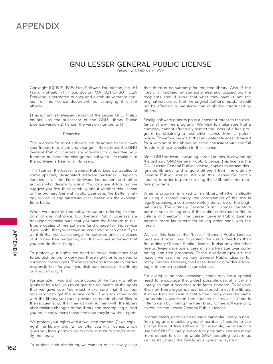 Appendix, Gnu lesser general public license, Ap p en d ix | LG 32LE5300 User Manual | Page 162 / 172