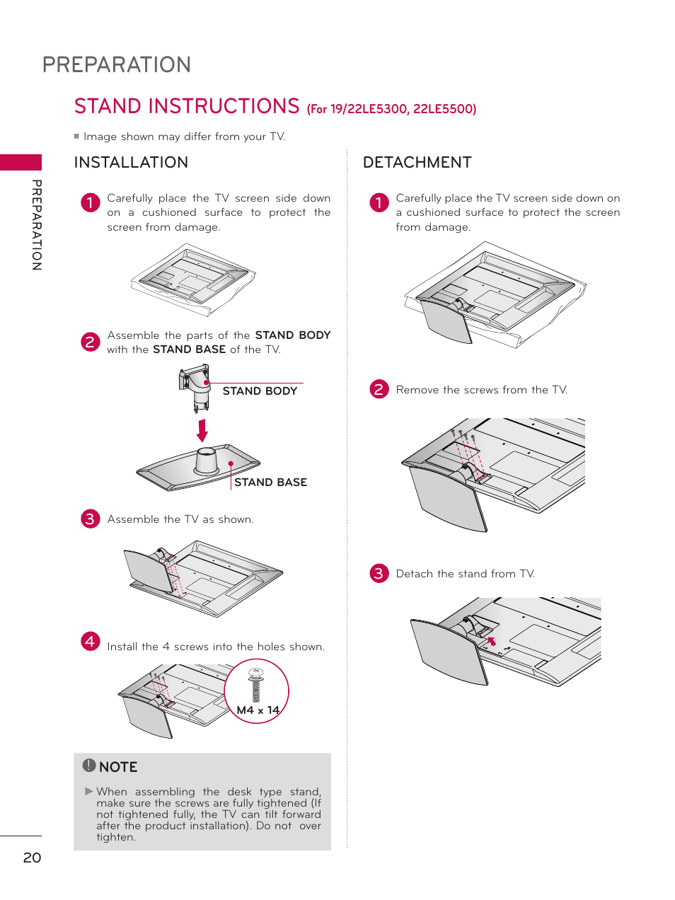 Stand instructions (for 19/22le5300, 22le5500), Preparation, Stand instructions | Installation, Detachment | LG 32LE5300 User Manual | Page 20 / 172