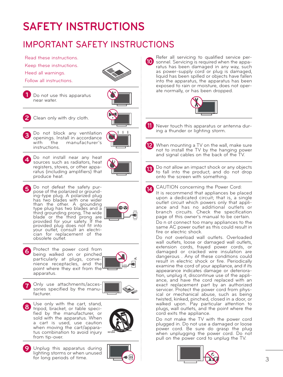 Safety instructions, Important safety instructions | LG 32LE5300 User Manual | Page 3 / 172