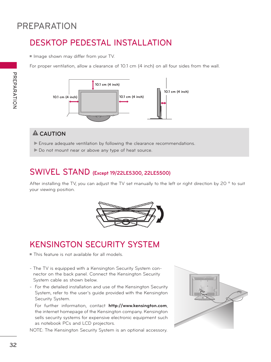 Desktop pedestal installation, Swivel stand (except 19/22le5300, 22le5500), Kensington security system | Preparation, Desktop pedestal installation swivel stand | LG 32LE5300 User Manual | Page 32 / 172
