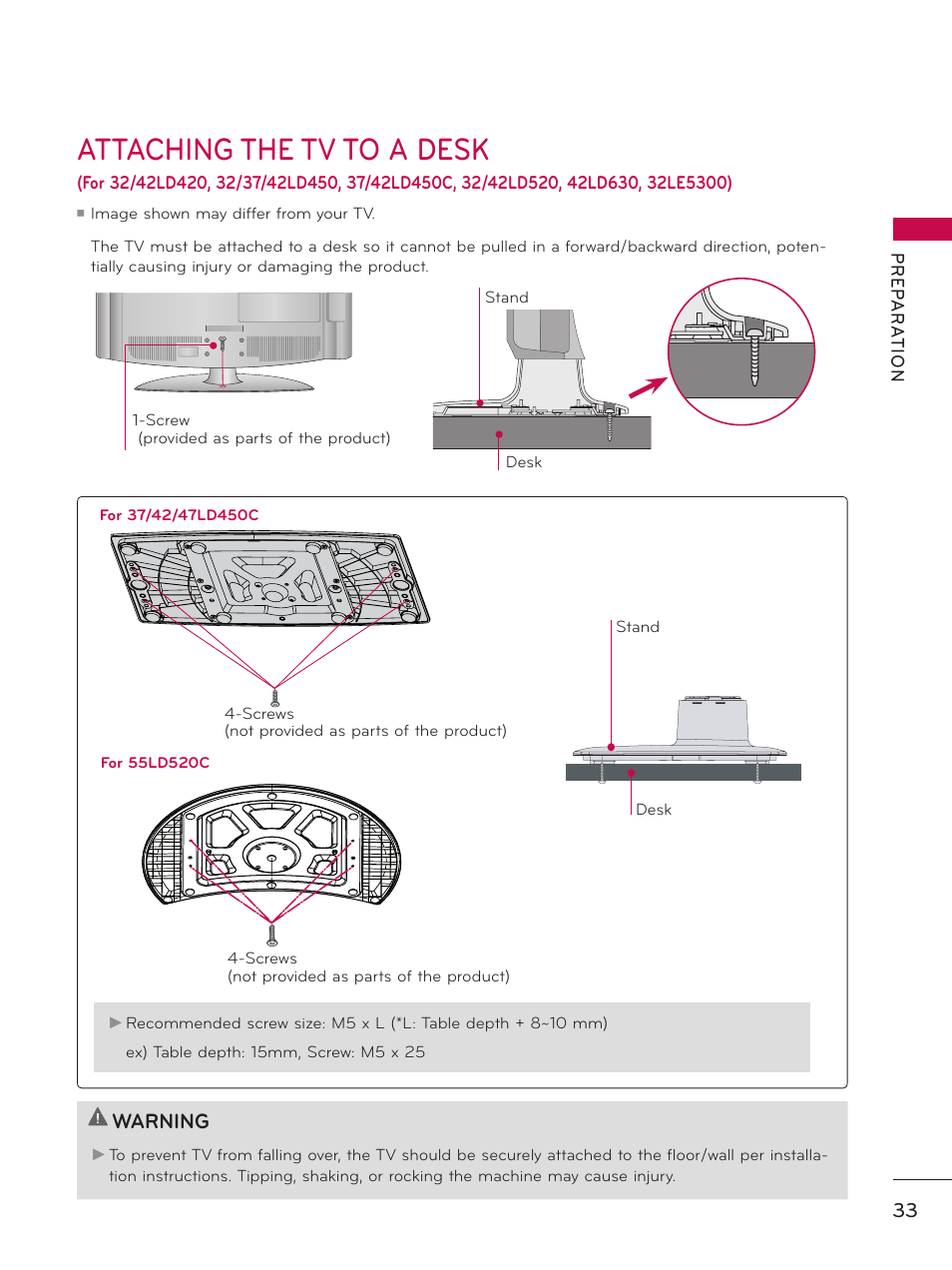 Attaching the tv to a desk, Warning | LG 32LE5300 User Manual | Page 33 / 172
