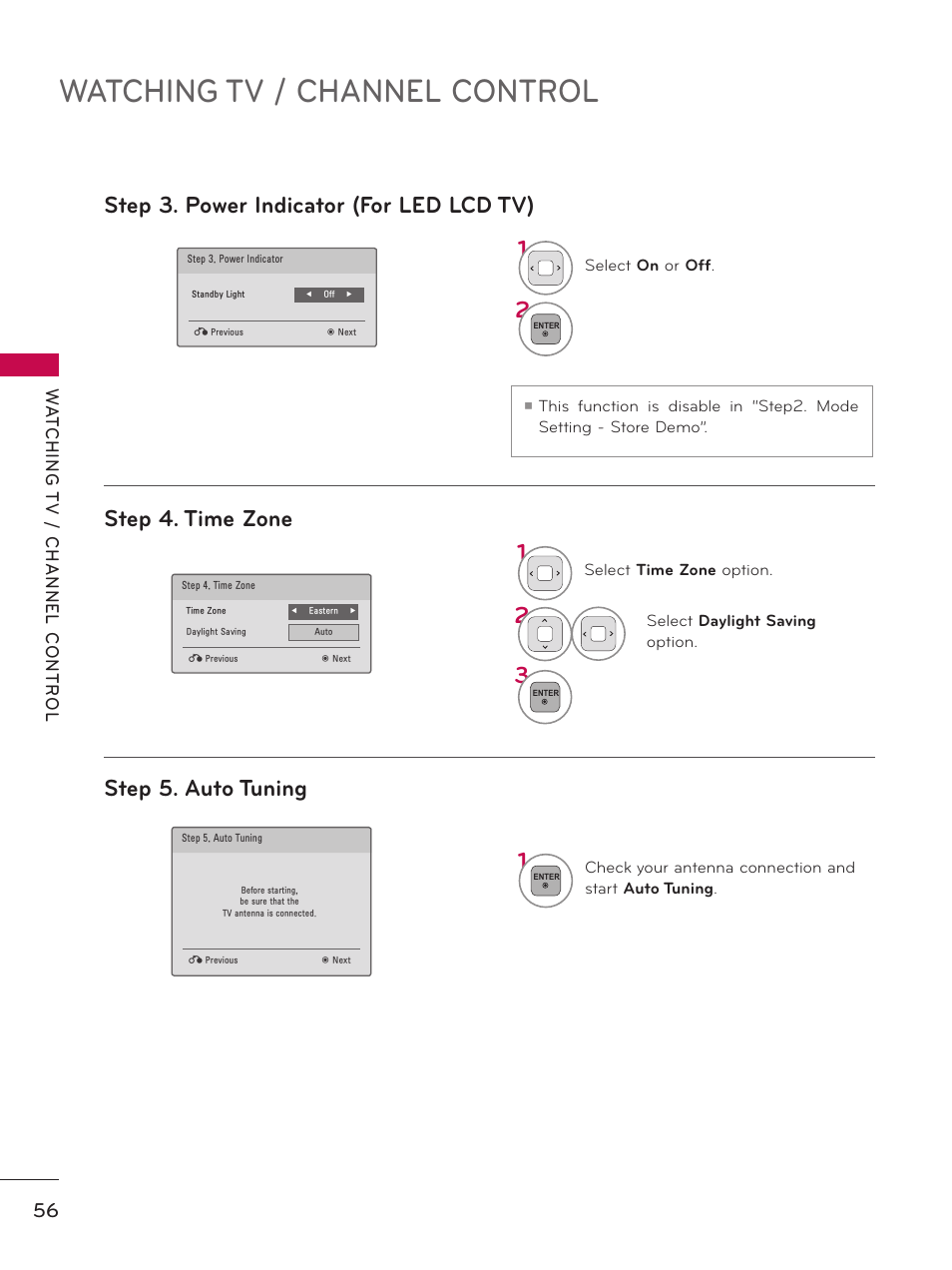 Watching tv / channel control, Step 4. time zone step 5. auto tuning 1, Step 3. power indicator (for led lcd tv) 1 | LG 32LE5300 User Manual | Page 56 / 172