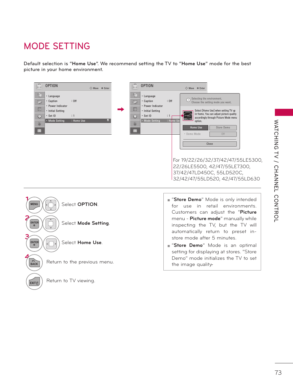 Mode setting | LG 32LE5300 User Manual | Page 73 / 172