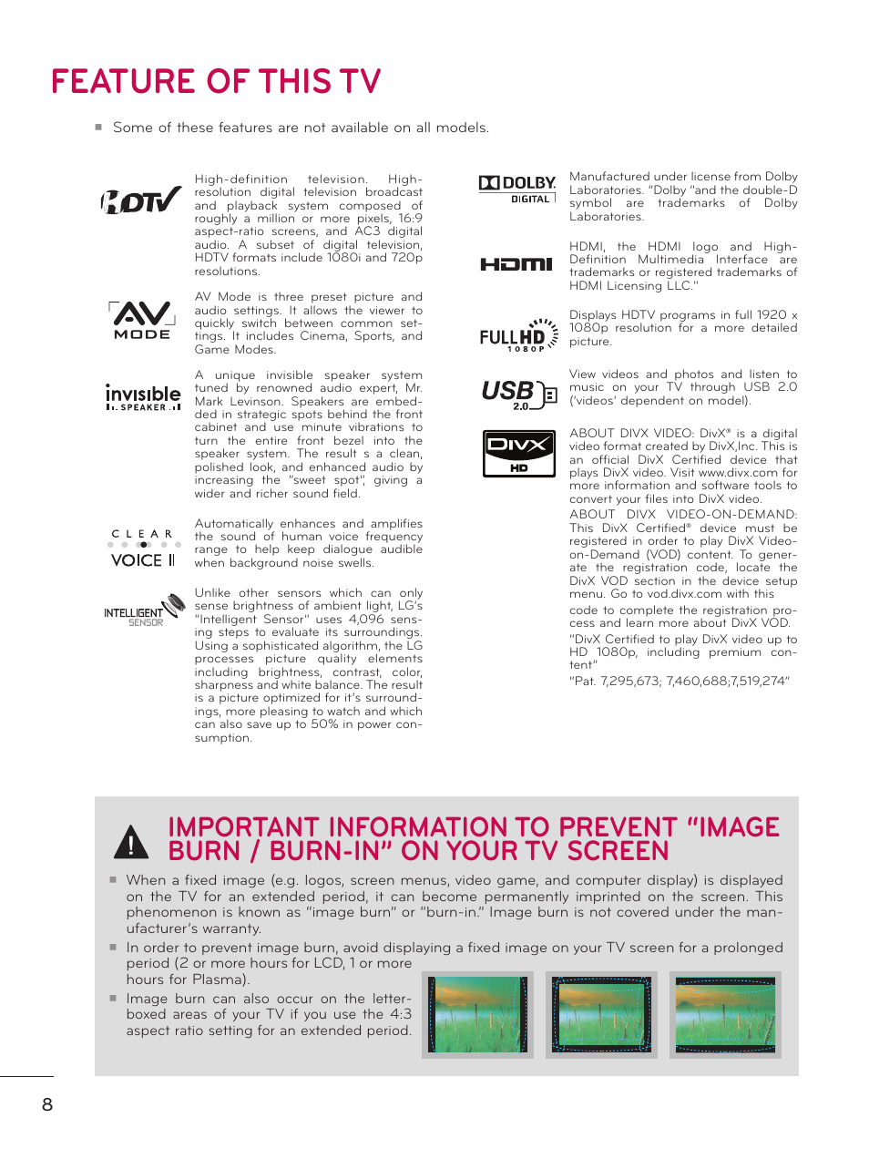 Feature of this tv | LG 32LE5300 User Manual | Page 8 / 172