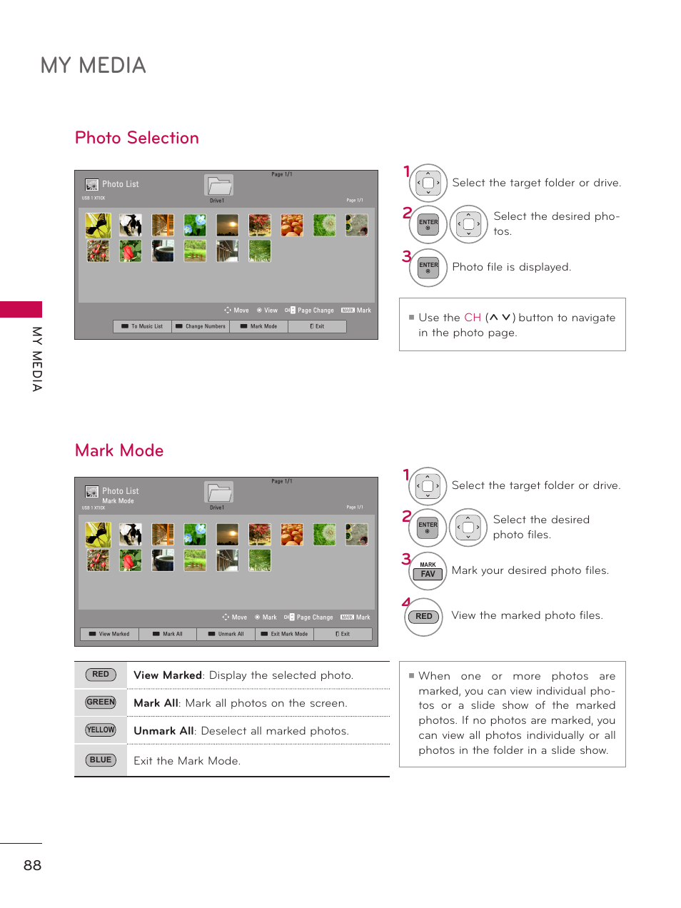 My media, Photo selection, Mark mode | My m ed ia | LG 32LE5300 User Manual | Page 88 / 172