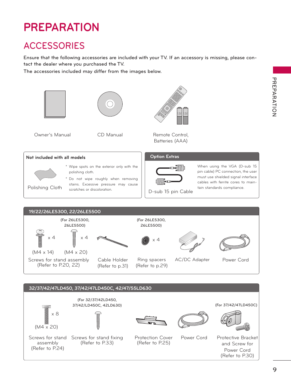 Preparation, Accessories, Pr ep a r at io n | LG 32LE5300 User Manual | Page 9 / 172