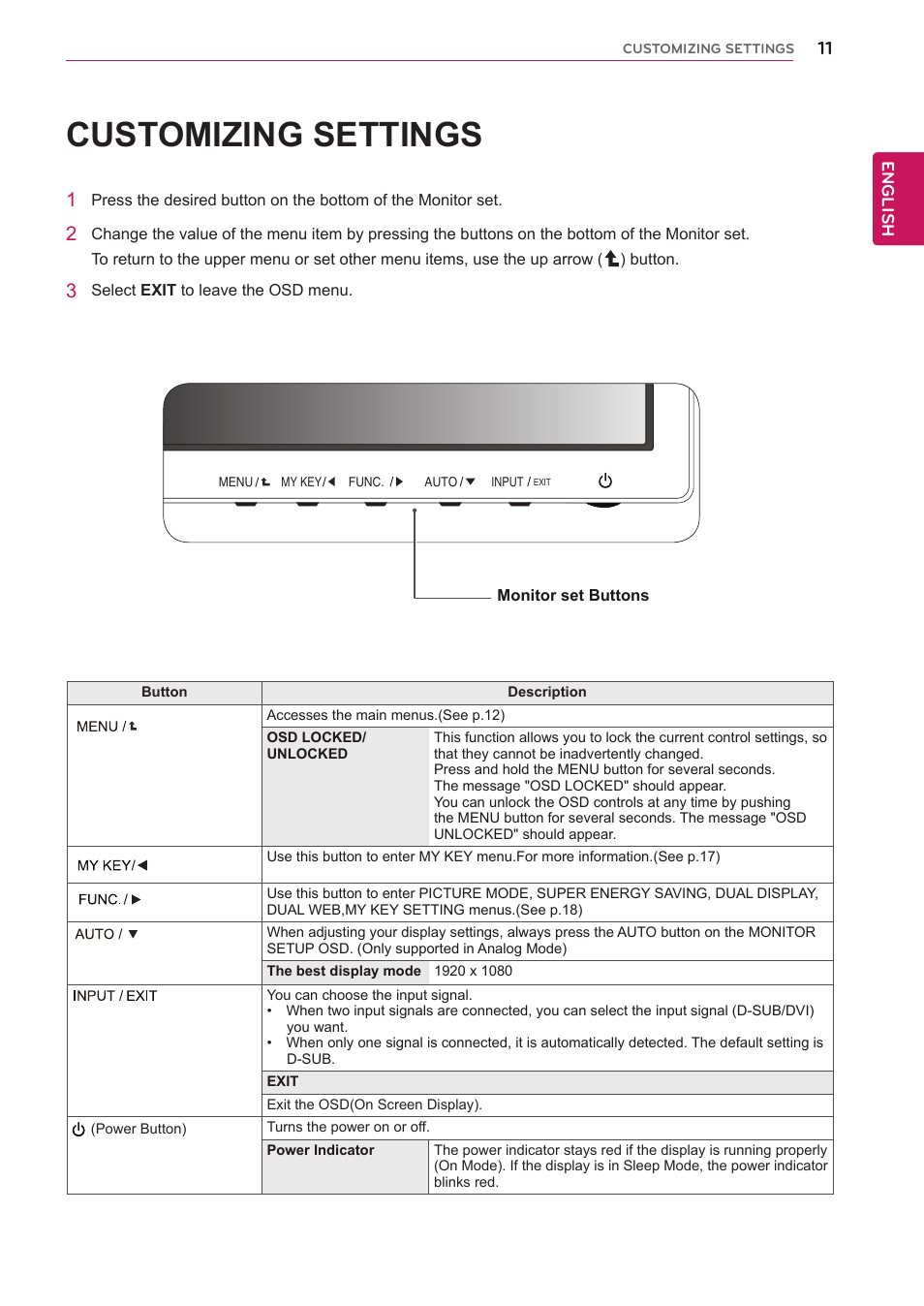 Customizing settings | LG IPS224T-PN User Manual | Page 11 / 28