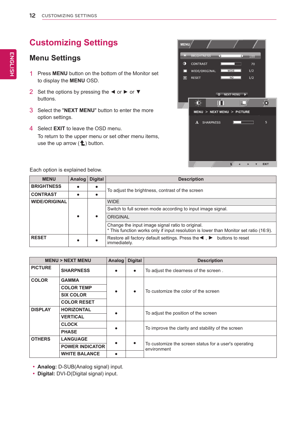 Customizing settings, Menu settings, 12 customizing settings 12 | Menus.(see p.12) | LG IPS224T-PN User Manual | Page 12 / 28