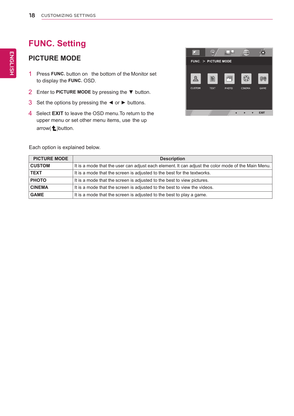 Func. setting, Picture mode, 18 func. setting 18 | See p.18 | LG IPS224T-PN User Manual | Page 18 / 28