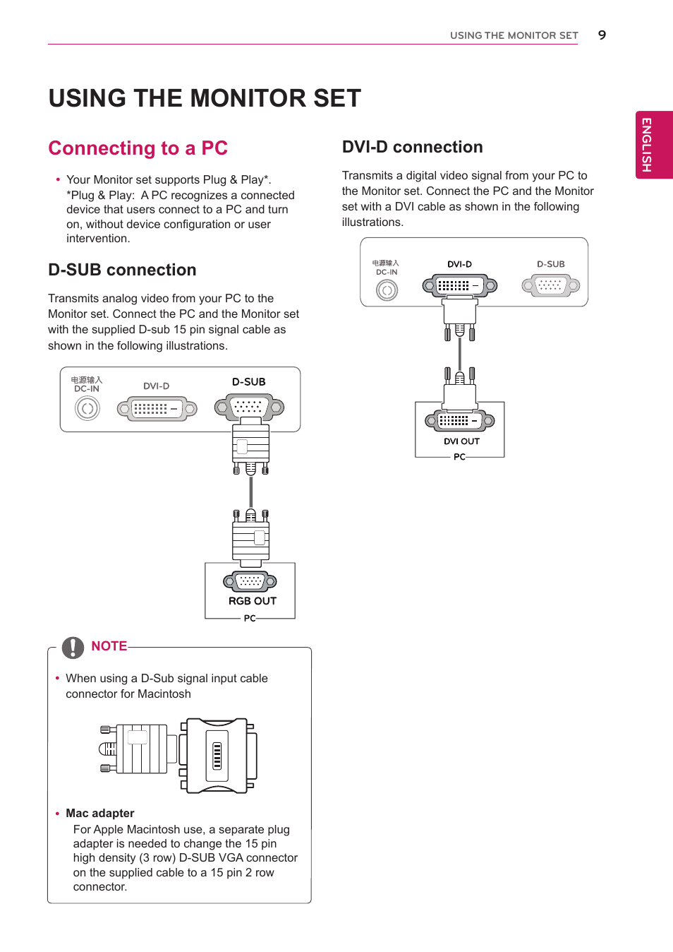 Using the monitor set, Connecting to a pc, D-sub connection | Dvi-d connection | LG IPS224T-PN User Manual | Page 9 / 28