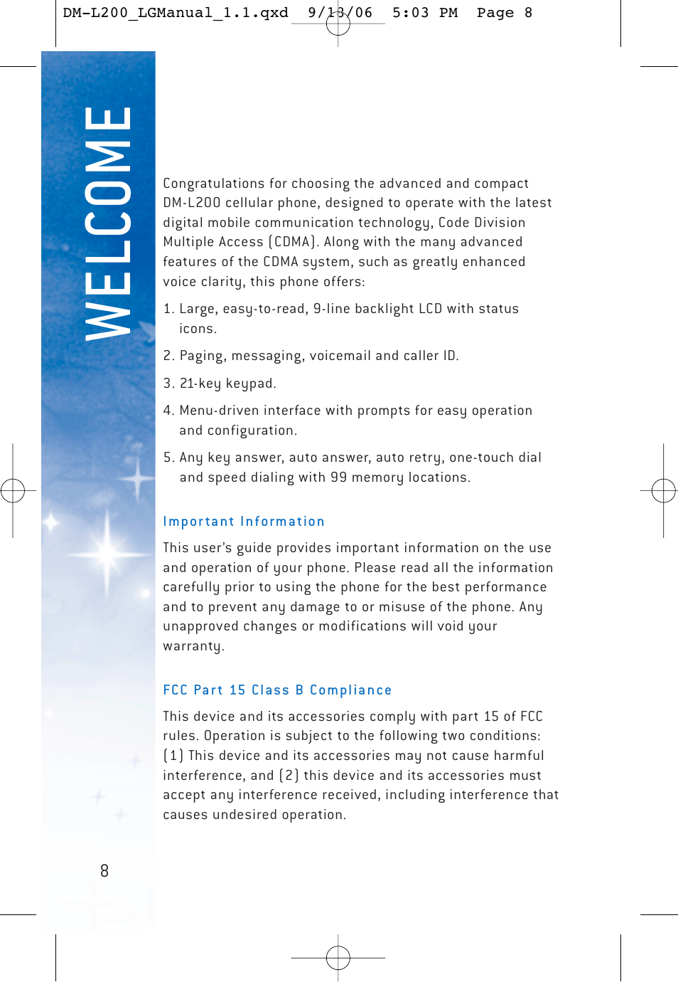 Wel co me | LG DML200 User Manual | Page 10 / 123