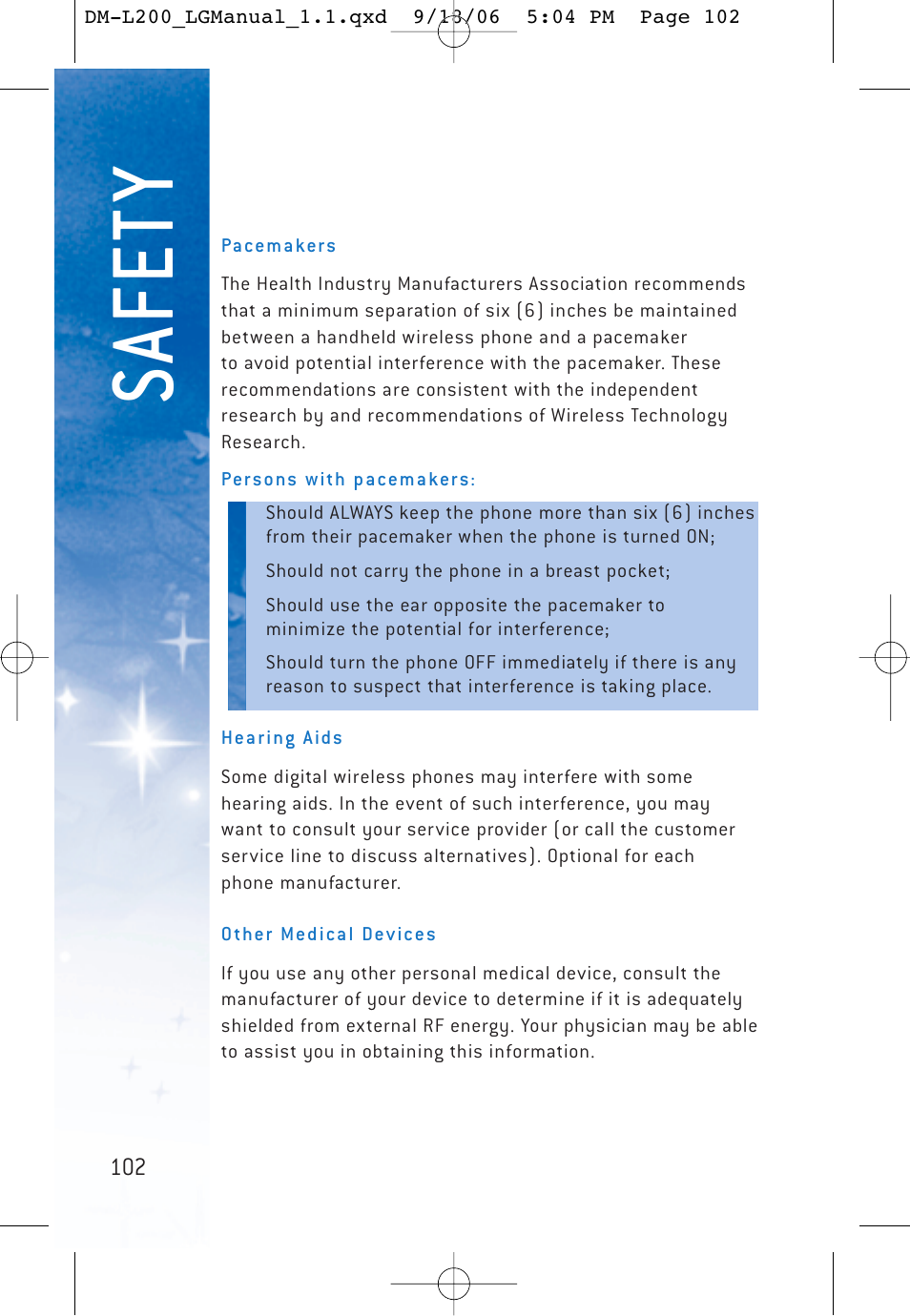 Sa fe ty | LG DML200 User Manual | Page 104 / 123