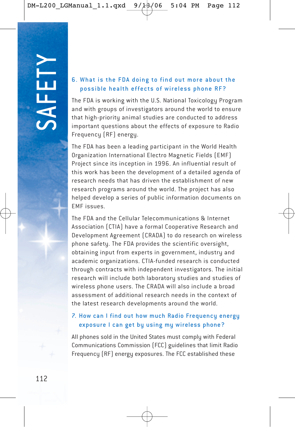 Sa fe ty | LG DML200 User Manual | Page 114 / 123