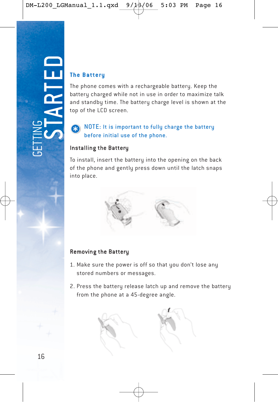 St ar ted, Ge tt in g | LG DML200 User Manual | Page 18 / 123