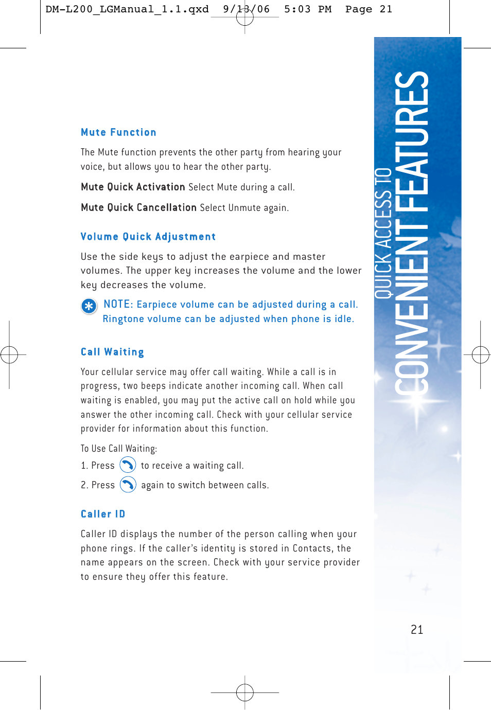 Co nven ient f ea tures, Qu ic k a ccess t o | LG DML200 User Manual | Page 23 / 123