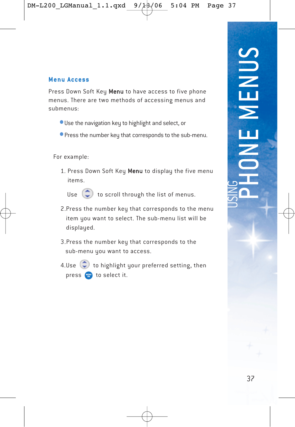 Ph o ne menu s, Usi n g | LG DML200 User Manual | Page 39 / 123
