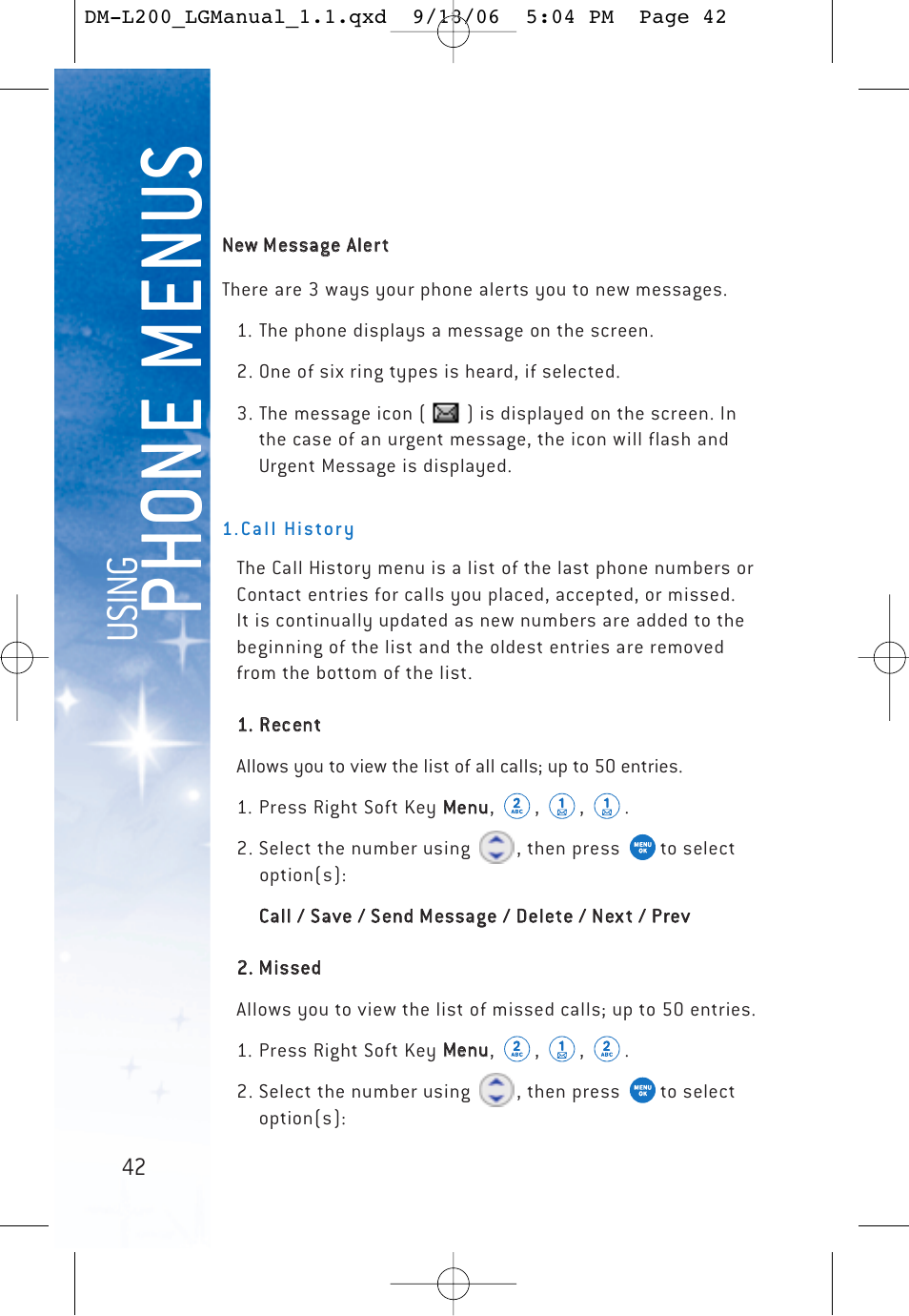 Ph o ne menu s, Usi n g | LG DML200 User Manual | Page 44 / 123